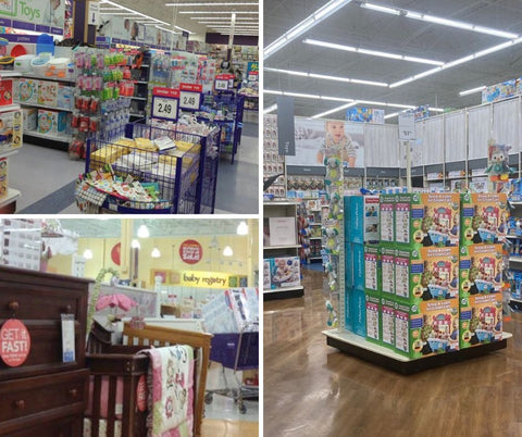 a collage of three photos showing the interiors of different babies r us stores