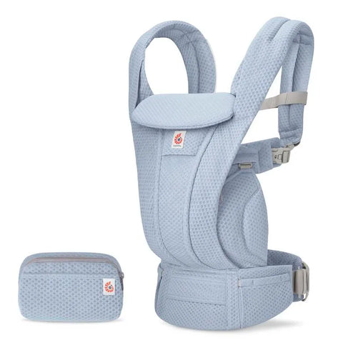 Light blue baby carrier with matching pouch on a white background