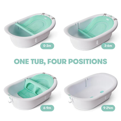 Baby bathtub with adjustable positions for different age groups on a white background