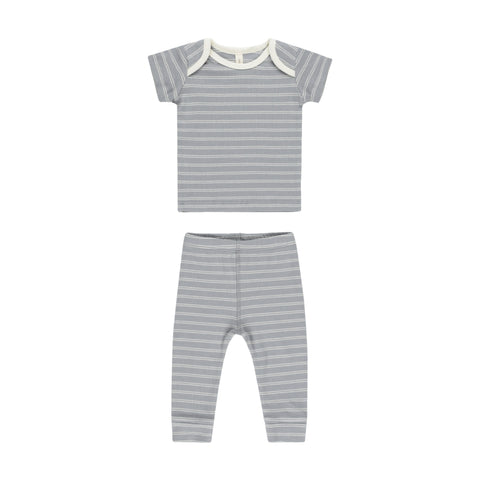 Ribbed Short Sleeve Tee + Legging Set - Blue Pinstripe