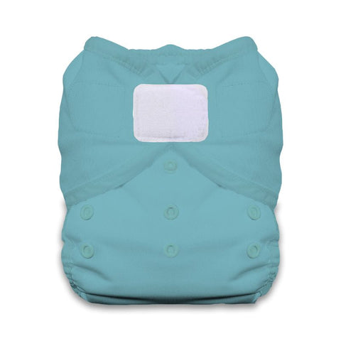 Blue cloth diaper with a white patch on a white background