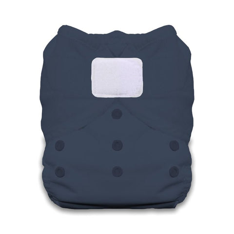 Navy blue cloth diaper with a white patch on a white background