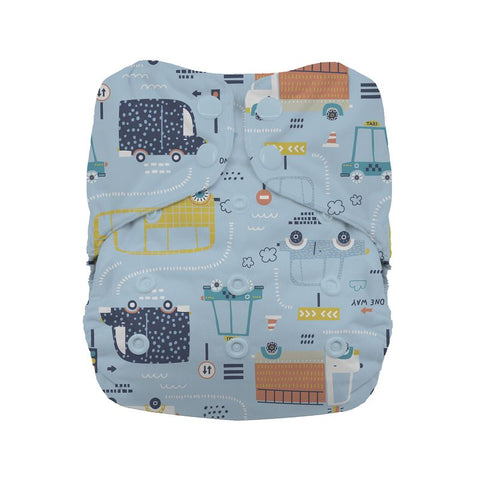 Cloth Diaper with vehicle pattern on a light blue background