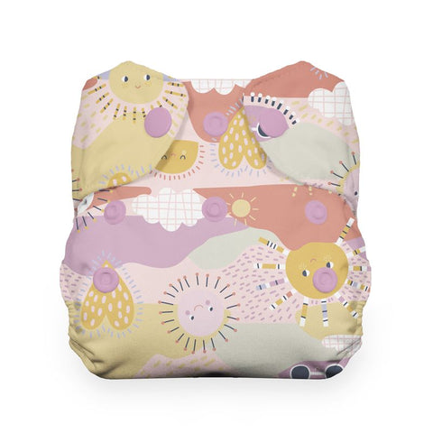 Colorful patterned cloth diaper with cartoon-like design on a white background