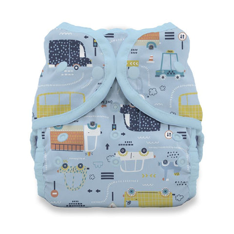 Reusable diaper with vehicle pattern on a white background