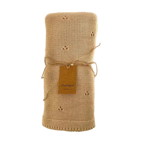 Organic Knit Baby Blanket (Cloverleaf Eyelet) -Tan