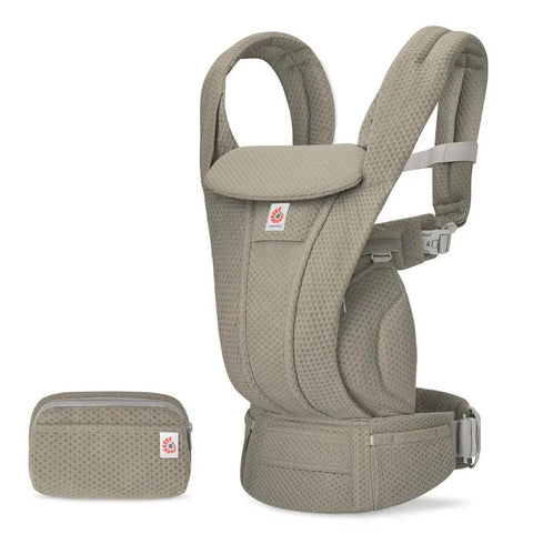 Beige baby carrier with matching pouch on a white background