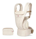 Beige baby carrier with matching pouch on a white background