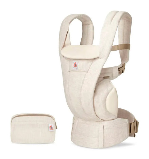 Beige baby carrier with matching pouch on a white background