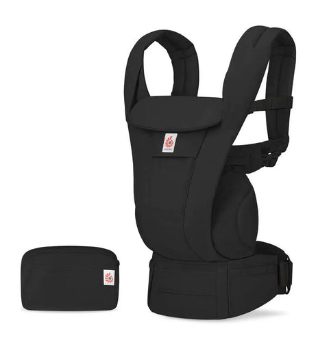 Black baby carrier with a small pouch on a white background