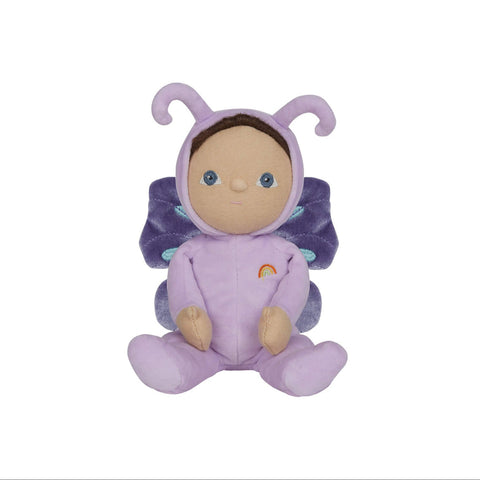Plush toy with a purple outfit on a white background