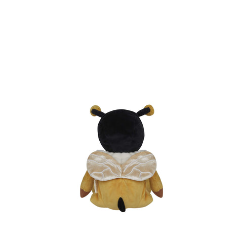 Plush toy bee with black head and yellow body on a white background