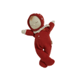 Small red plush baby doll with a white hood on a white background