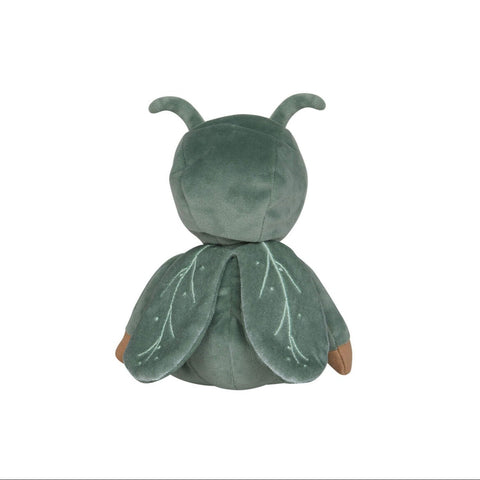 Green plush toy with insect-like design on a white background