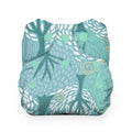 Green and blue patterned cloth diaper on a white background