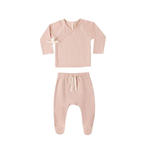 Wrap Top + Footed Pant Set - Melon Micro Stripe