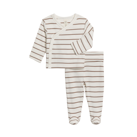 Riley Organic Kimono Wrap Top and Footed Pant Set - Kade Stripe + Taupe