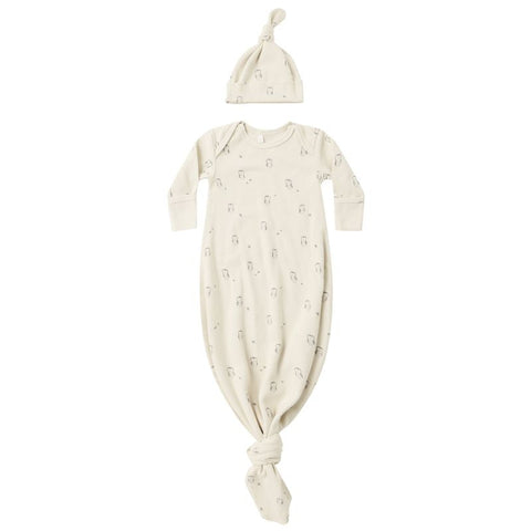 Knotted Baby Gown + Hat Set - Owls