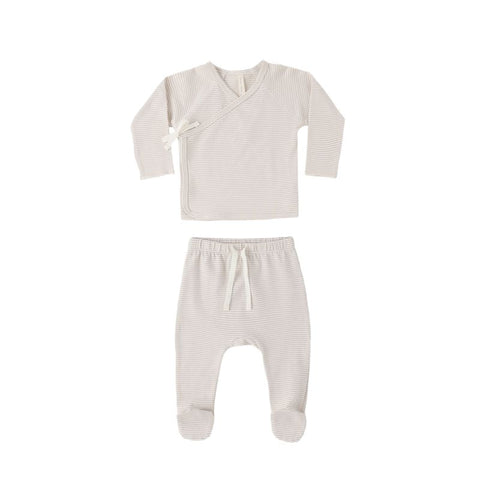 Wrap Top + Footed Pant Set - Oat Micro Stripe